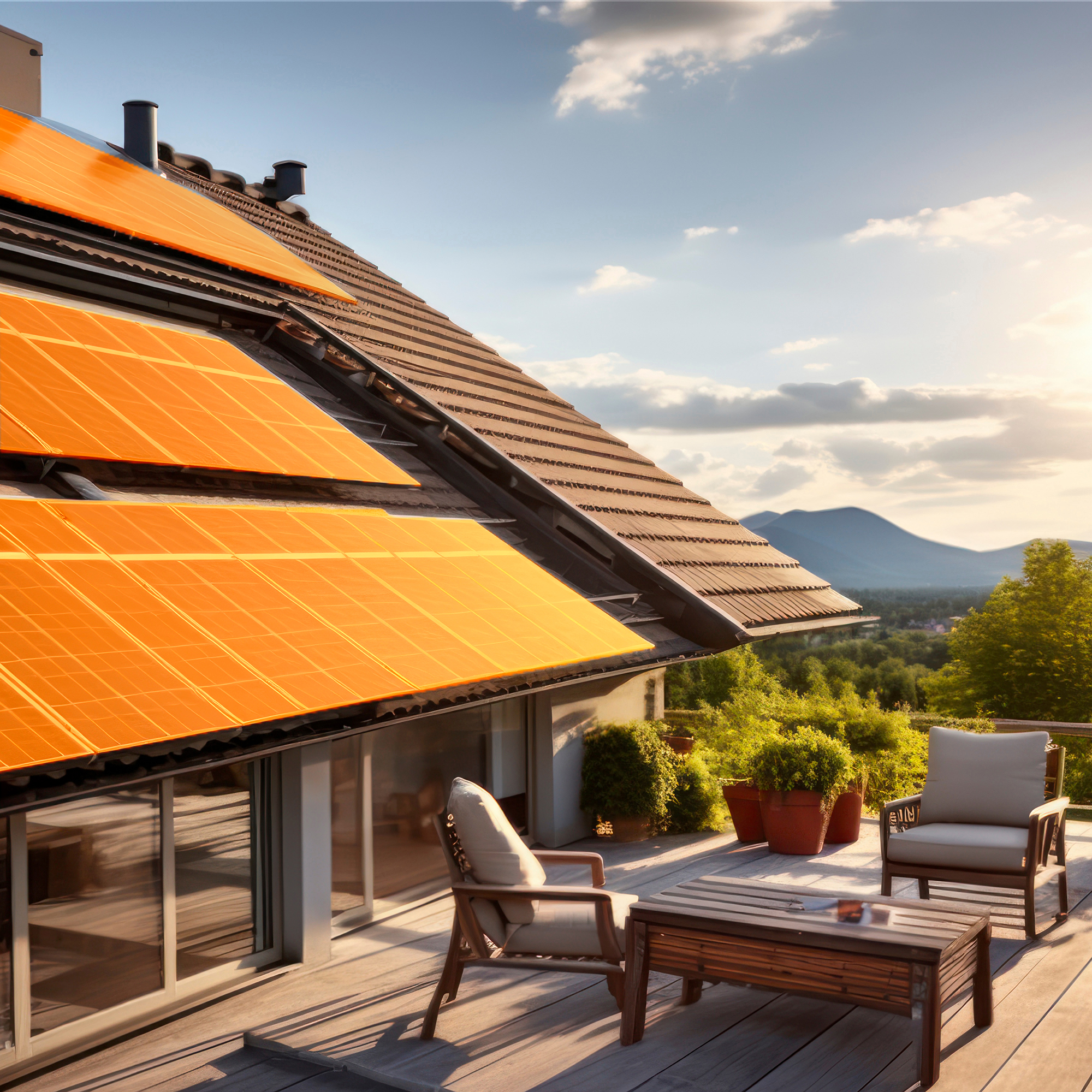 Photovoltaikanlage auf Hausdach vor Gebirgspanorama