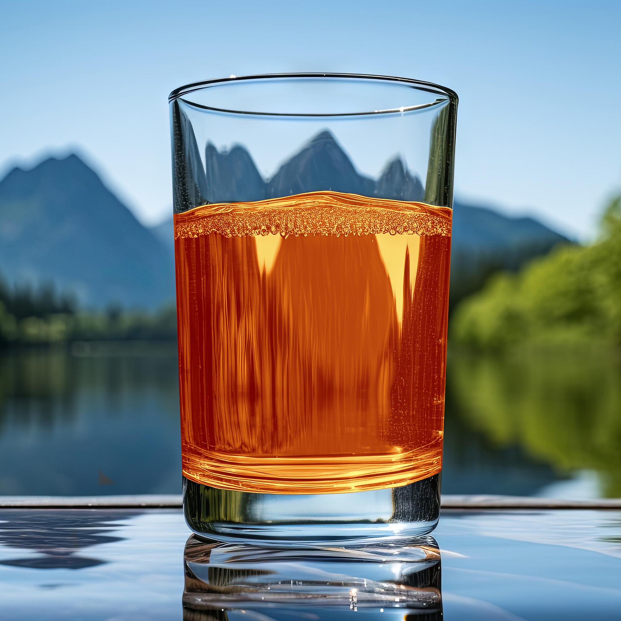 Glas mit Trinkwasser vor Gebirgslandschaft
